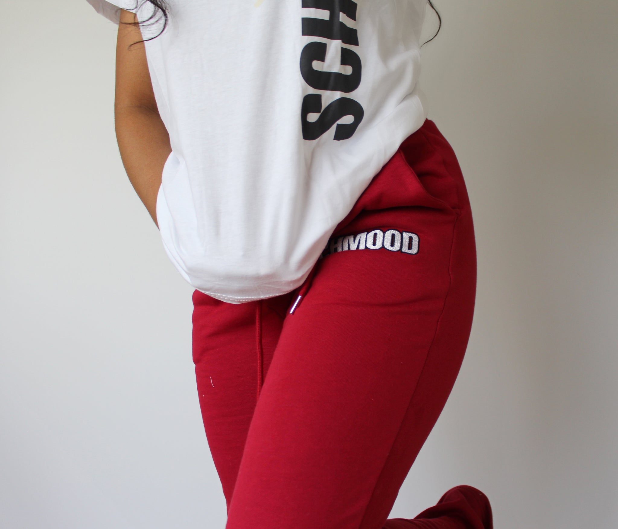 aesthetic red sweatpants outfit