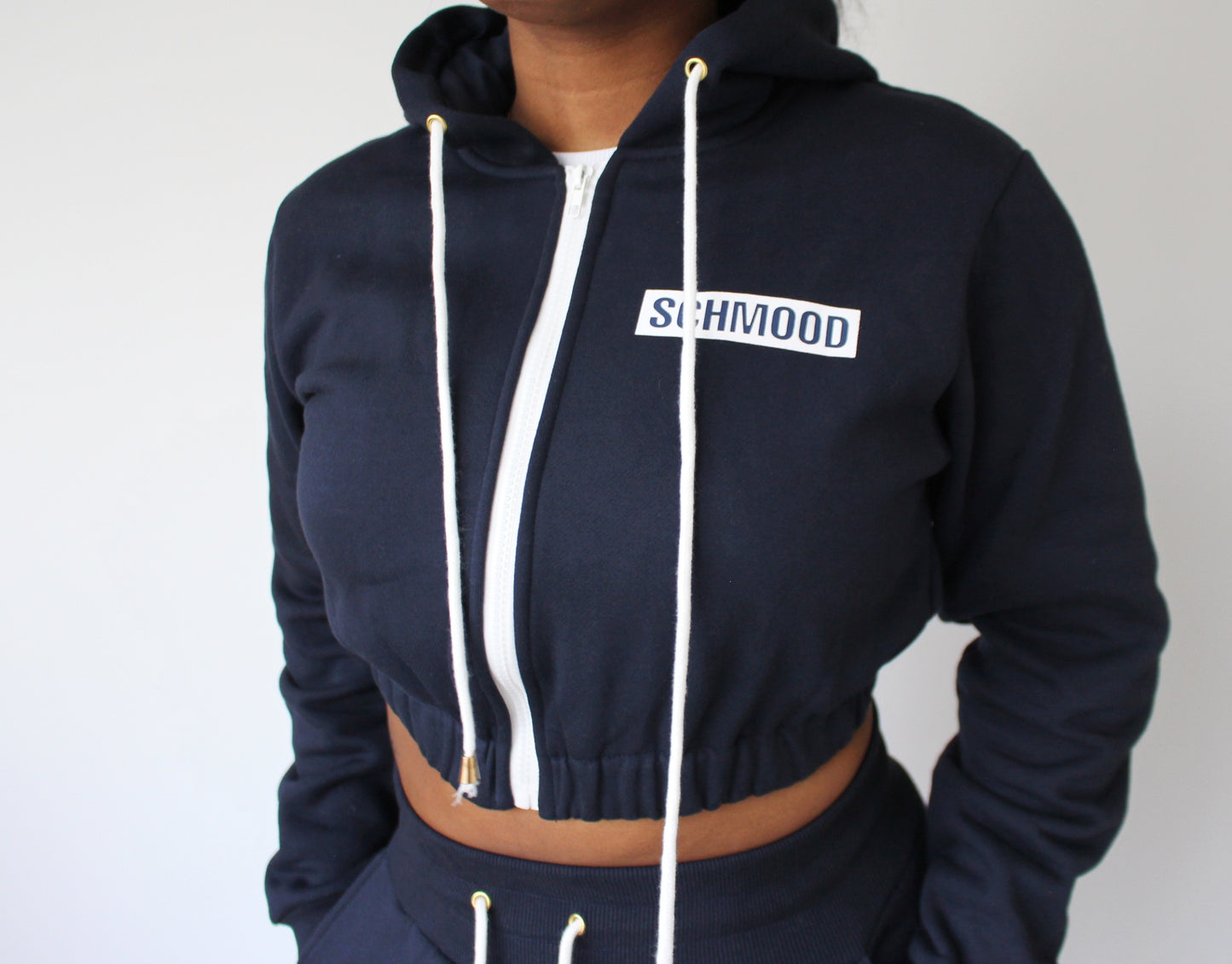 Low-key Cropped Hoodie - Navy Blue/White