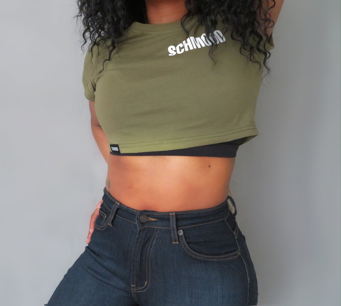 SCHMOOD Relaxed Fit  Crop Top - Army Green/White