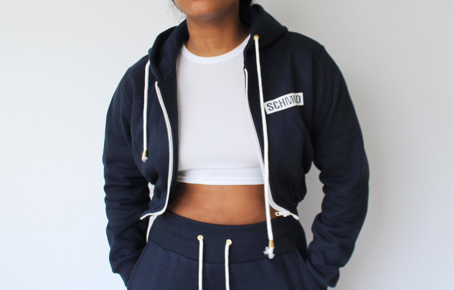 Low-key Cropped Hoodie - Navy Blue/White