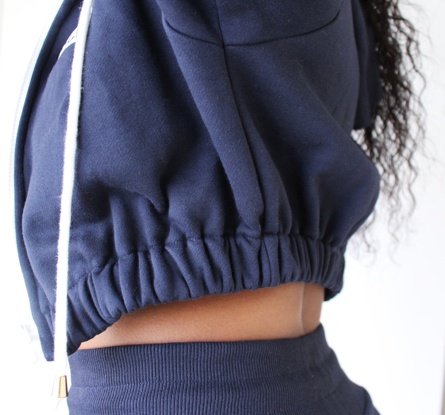 Low-key Cropped Hoodie - Navy Blue/White