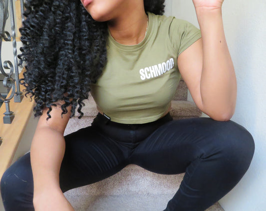 SCHMOOD Relaxed Fit  Crop Top - Army Green/White